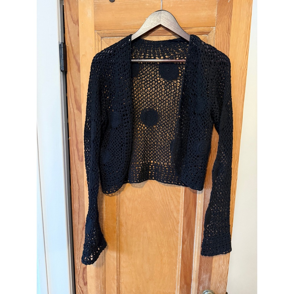 Black Crochet Bolero Shrug Long Sleeve Open Knit Cropped Cardigan Whimsigoth Y2K